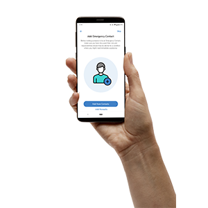 Hand holding Phone displaying Masimo SafetyNet Alert App Emergency contacts Screen