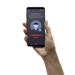 Hand holding Phone displaying Masimo SafetyNet Alert App Emergency contacts Screen