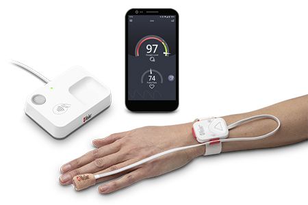 Masimo SafetyNet Alert Sensor on Hand with phone displaying SafetyNet Alert App placed next to Home Medical Hub 